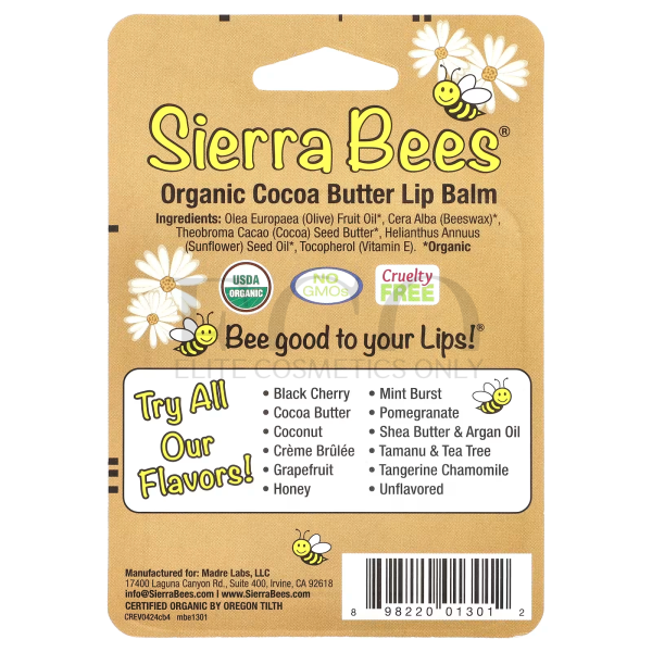 Органический бальзам для губ, масло какао, Sierra Bees, 4,25 г, 1 шт. 