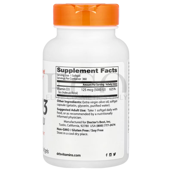 Vitamin D3, Doctor's Best, 125 mcg (5000 IU), 1 unit, 360 pcs.
